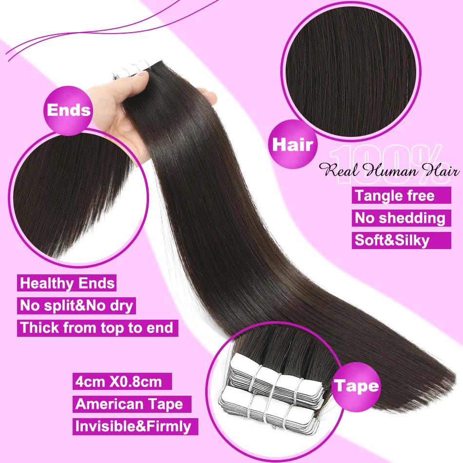 SOVO Tape In Hair Extensions 100% Human Hair Natural Color Tape Ins Brazilian Straight Seamless Skin Weft for Thin Hair 10pcs