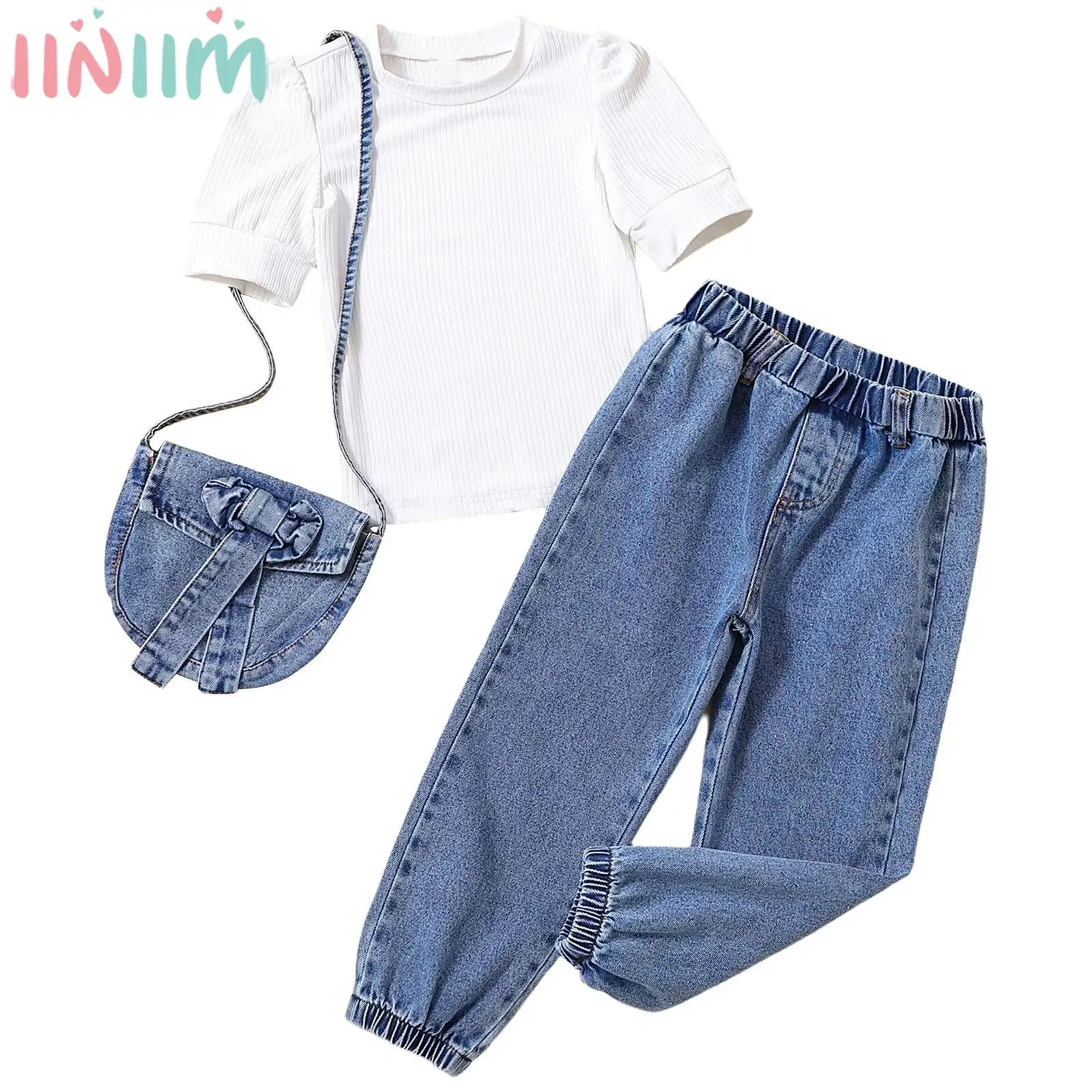 

Kids Girls Summer Fashion Casual Costume Set Short Sleeve T-shirt Top with Elastic Waist Denim Pants Bag for Holiday Party Daily