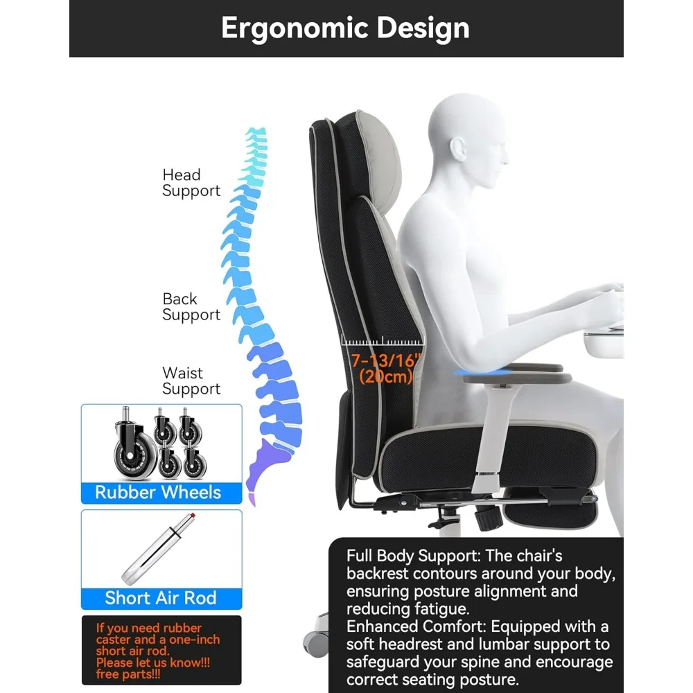 Kursi kantor ergonomis dengan sandaran tinggi untuk orang besar dan tinggi, menopang hingga 400 lbs dengan sandaran kaki dan bantalan pegas ekstra tebal