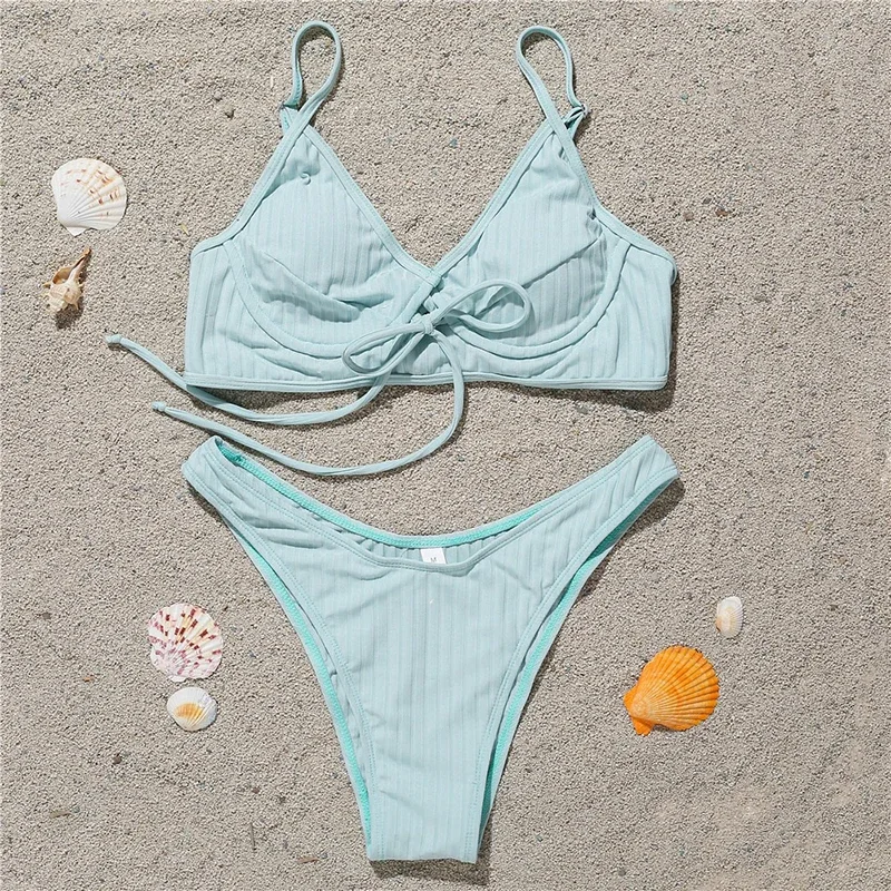 

Bikini Set Swimsuit Women Lace Up Backless Bra High Cut Thong Bathing Suit Summer 2025 New Solid Sexy Push Up Bikini Swimwear