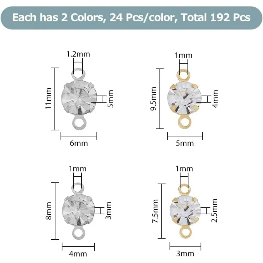 192Pcs 8 Style Rhinestone Connectors Cubic Zirconia Bracelet Necklace Connector Pendant Crystal Diamond Round Charming