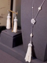 Natural Fresh Water Pearl Necklace Earring Sets For Women Fine Jewelry Tassel Style 925Sterling Silver With Cubic Zirconia Gift