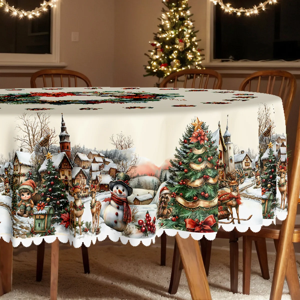 1 piece, Christmas themed party tablecloth, snowman Christmas tree, winter snow design pattern printing