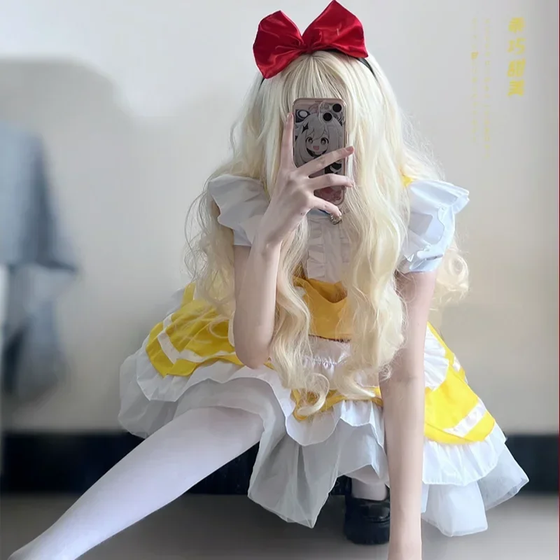 Lolita Yellow Maid Anime Cosplay Costumes Japanese Kawaii Love Live Cosplay Kelnerka Fartuch Pokojówki Strój Halloween Party Dress