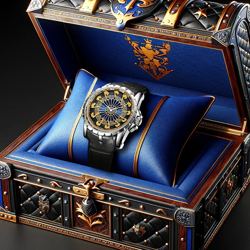 

Мужские серебряные и черные винтажные кварцевые часы во французском стиле Twelve Knights из искусственной кожи