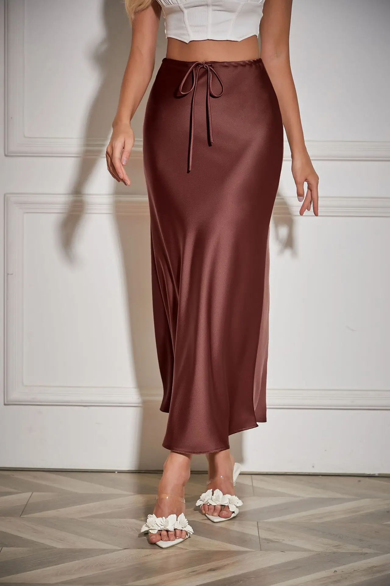 New In 2026 Women's Spring Summer Solid Color Satin Long Skirt High Waist Lace-up Trendy Elegant Faldas Female Beach Maxi Skirts
