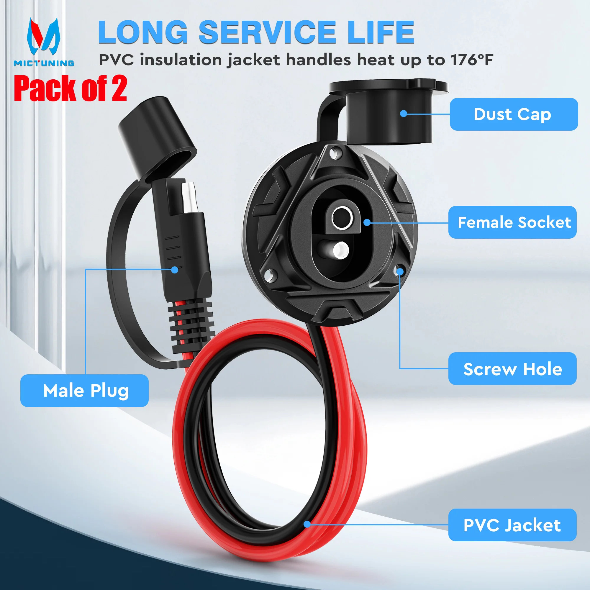 SAE Socket Sidewall Port to Male Plug 12V24V Power Cord Quick Connector Extension Cable Harness Waterproof for Car RV Motorcycle