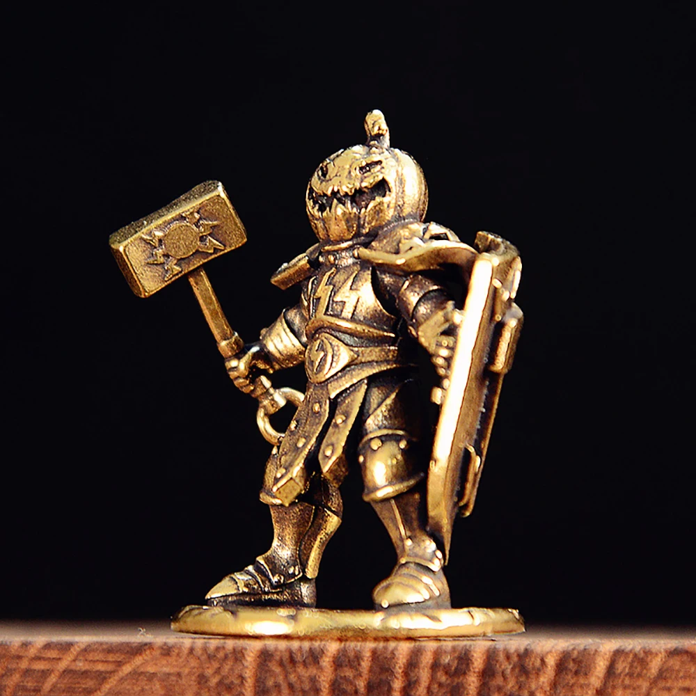 Brass Made Shield Soldier Statue Vintage Color Display with Hammer Pumpkin Headgear Figurine Home Office Decor Desktop Ornament
