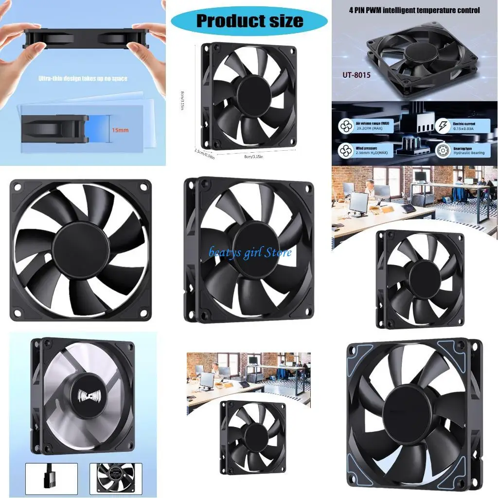 

C7AB UT8015 CPU Cooling Fan, 15mm Thick Quiet For Computer Case, Low Noise Performances High Pressure 80x80x15mm