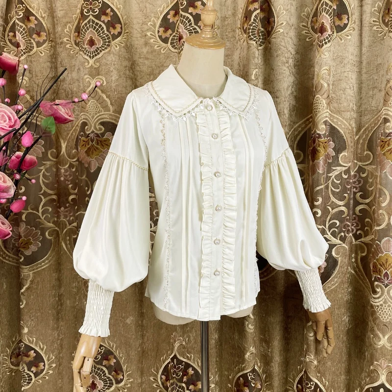 Vintage Gothic Gigot Sleeve Lolita Blouses Women Victorian Elegant Peter Pan Collar Shirts Spring Autumn Casual Top Blusas Mujer