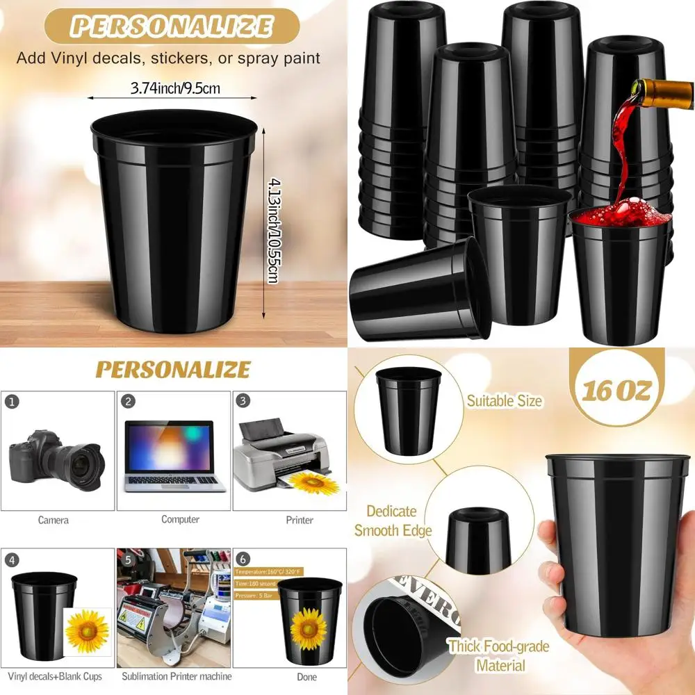 

Оптовая упаковка из 120 черных пластиковых стаканчиков на 16 унций для вечеринок, свадеб, пикников и праздников