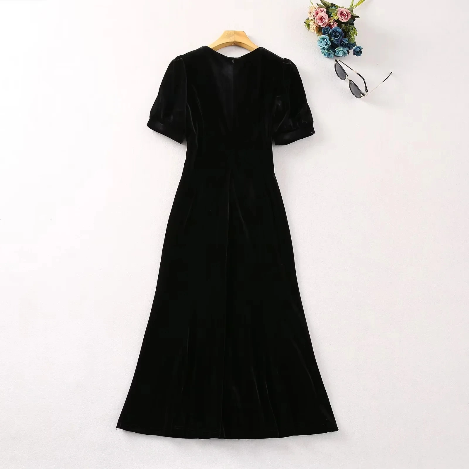 ZJYT Summer Elegant Mermaid Party Dresses for Women 2024 Runway Fashion Short Sleeve Midi Black Velvet Dress Crystal Button Robe