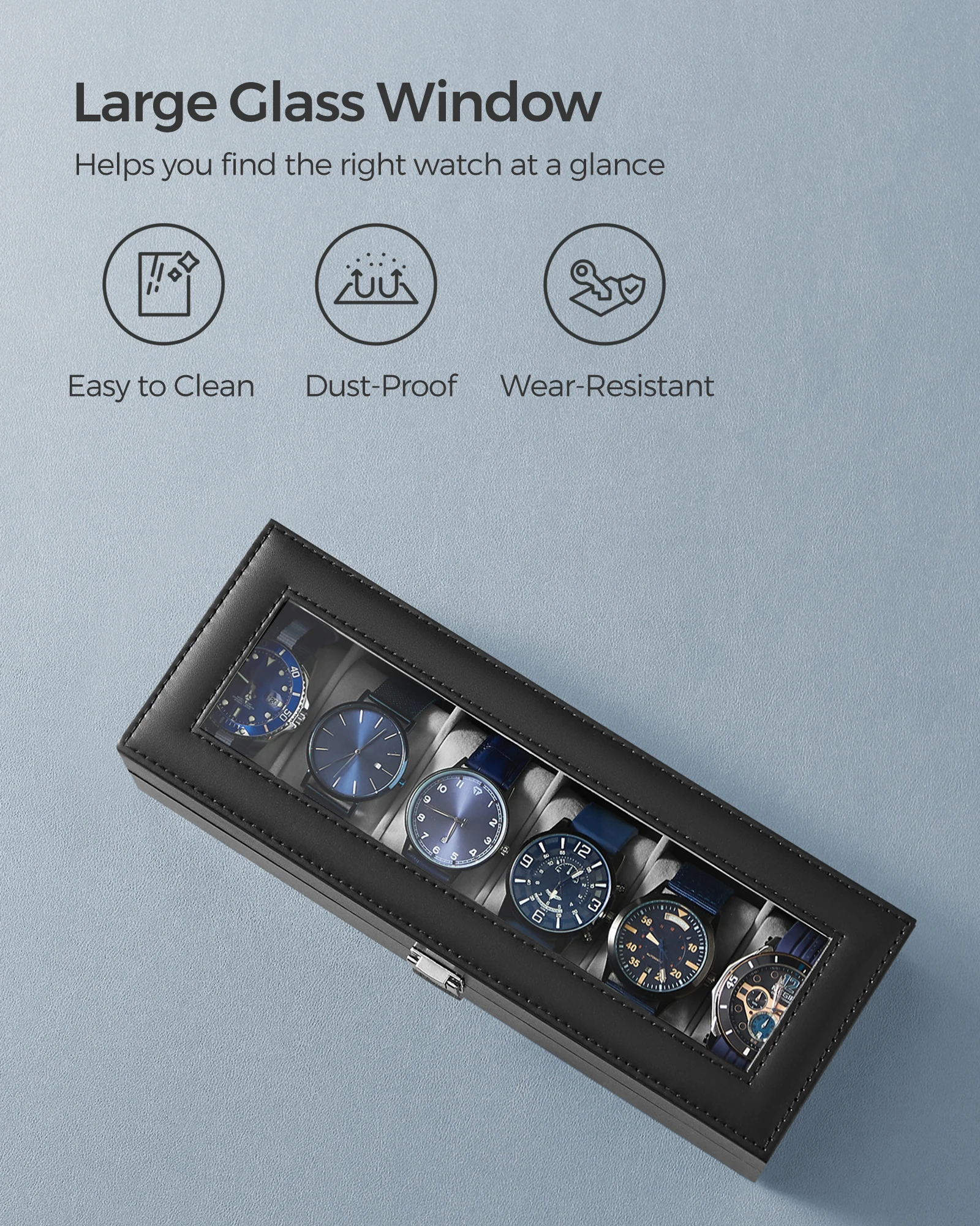 SONGMICS Watch Box with 6 Slots, Watch Case with Glass Lid, Watch Display Box with Removable Watch Pillows, Metal Clasp