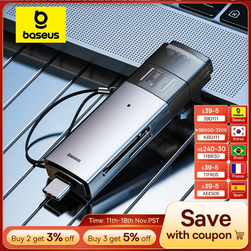 Baseus Kaartlezer Usb C & Usb3.0 Naar Sd Micro Sd Tf Geheugenkaart Apparaat 104 Mb/s 2Tb Smart