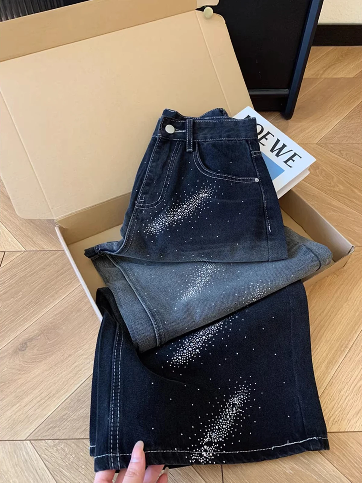 Black Sequin Embellished Wide Leg Jeans Women's Summer Loose Straight Cut Slimming Design Casual High Waist Pocket Detail