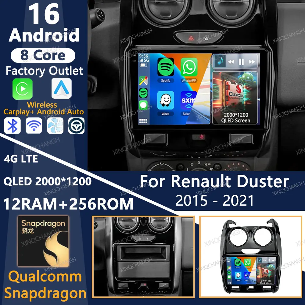 Rádio Automotivo Android 16 para Renault Duster 2015 - 2021 para LADA Largus 2021 Unidade Principal QLED GPS BT 4G LTE 5G WIFI 2DIN Carplay Auto