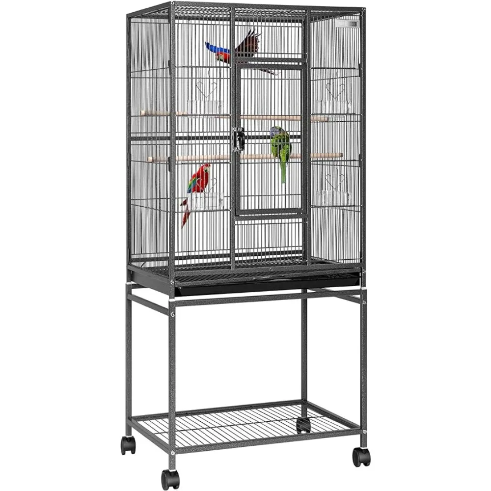 

Bird Cage, 54 Inch Forged Iron Large Bird Flight Cage with Long Tailed Parrot Rolling Bracket, Black Bird Cage