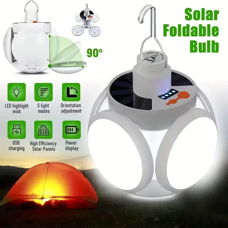 1 lumière solaire pliante avec chargement USB, éclairage LED portable d'extérieur adapté aux situations d'urgence en camping et aux usage domestique