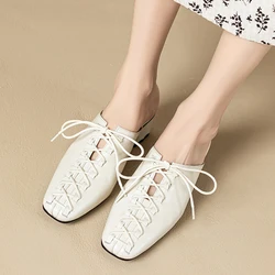 2025 Summer Genuine Leather Lace Up Dress Mules Women Covered Toe Med Thick Heels Slippers Ladies Dating Shoes Elegant Sandals