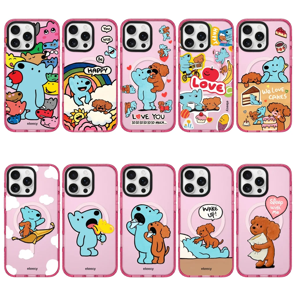 

Cartoon Blue Brown Dog Pink Star Glitter Border IPhone 14 15 16 Pro Max Case - Protective IPhone Case