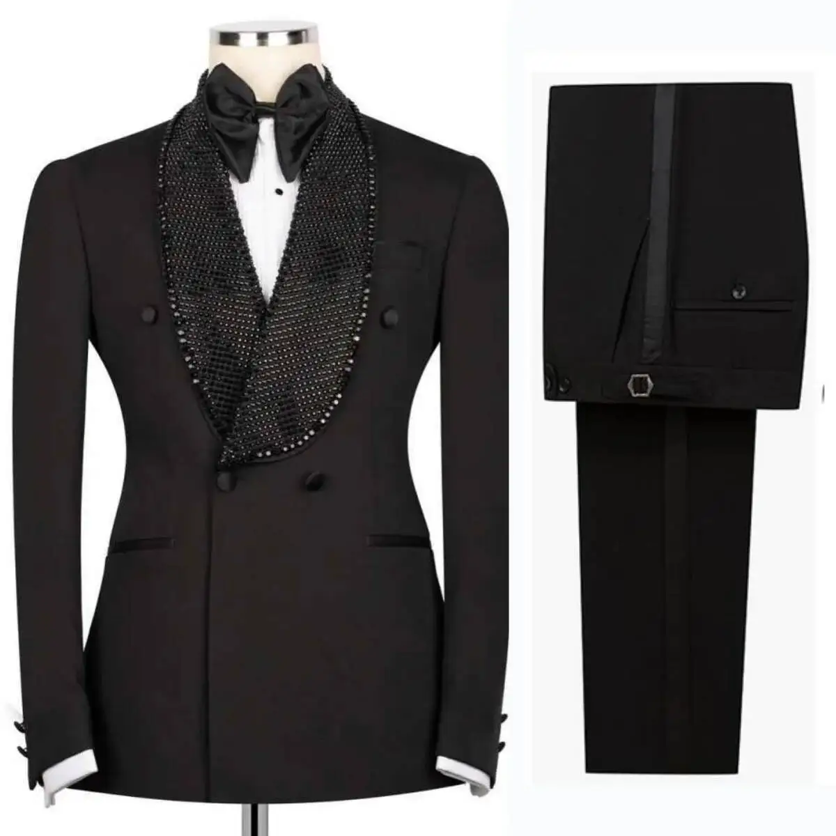 

Elegante Men Black Suit 2 Pieces Formal Wedding Slim Fit Tuxedos Shawl Lapel Double Breasted Tailored Made Prom