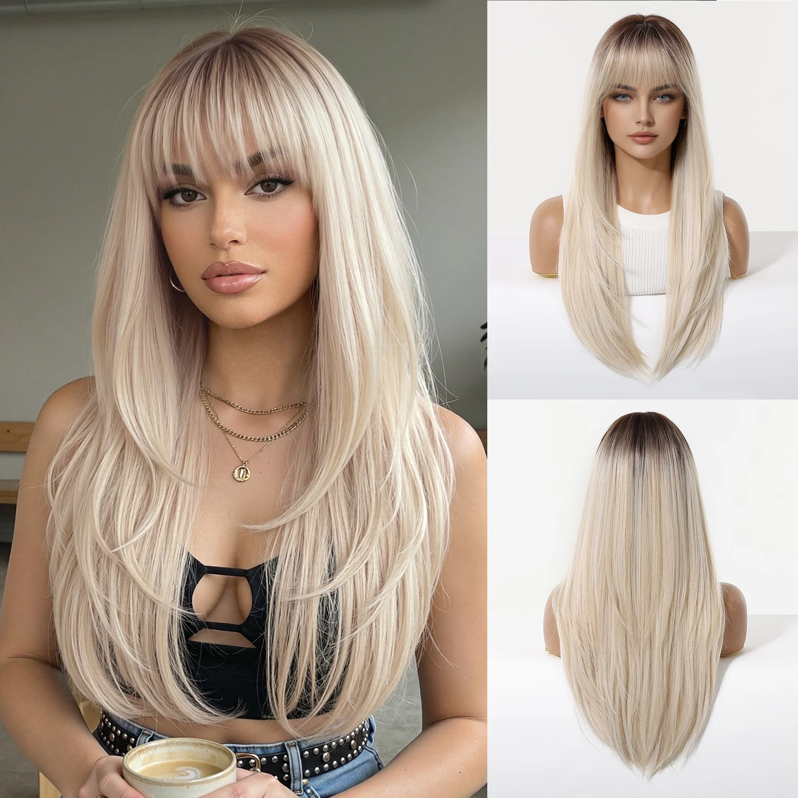 

Синтетический парик Allbell Magique, от темно-коричневого до светло-русого, длинный, многослойный, прямой, с челкой, натуральный, для вечеринок, для женщин