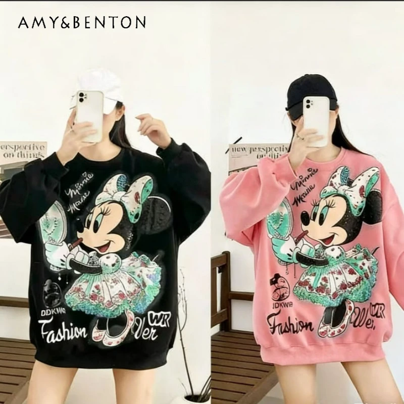 

2026 Spring Autumn New Cartoon Letter Print Graffiti Jacket Fashion Crew Neck Hoodies Women's Loose Top Y2k Clothes Sweatshirt