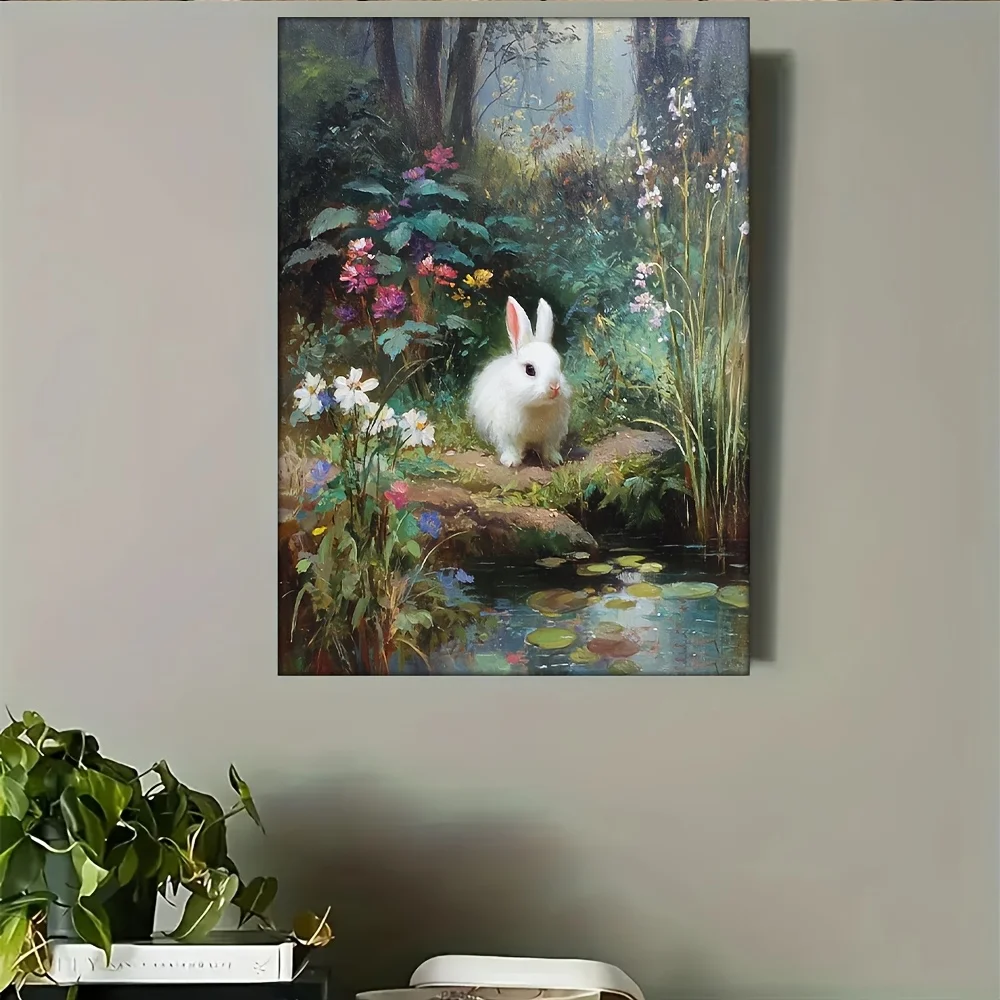 (No frame)2D Flat, 2D Flat, 1pc Canvas Wall Art, Including a Frame, Featuring an HD Oil Painting of a Spring Bunny by The Pon