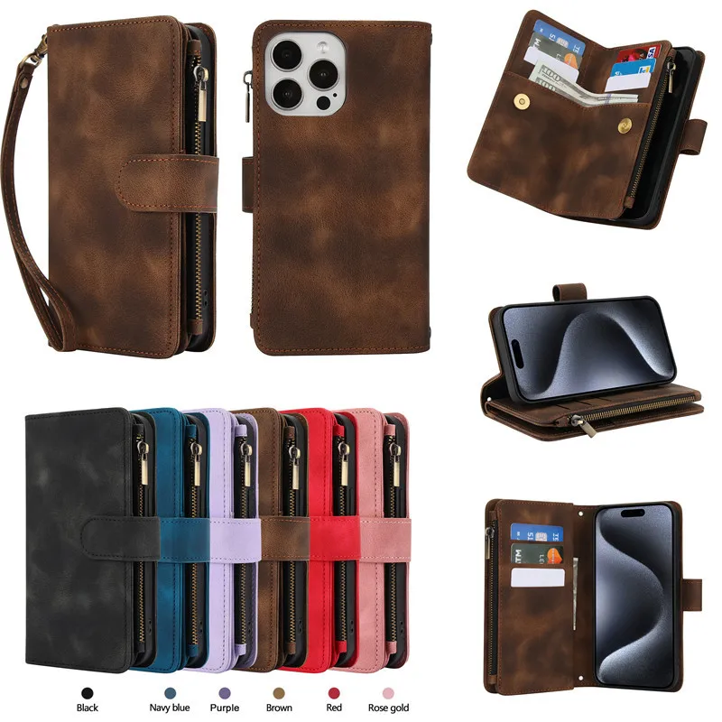 حافظة محفظة مغناطيسية لهاتف 16 Pro Max من جلد البولي يوريثان مع حامل بطاقة ومسند وغطاء مقاوم للصدمات طراز عتيق للهاتف 11-16