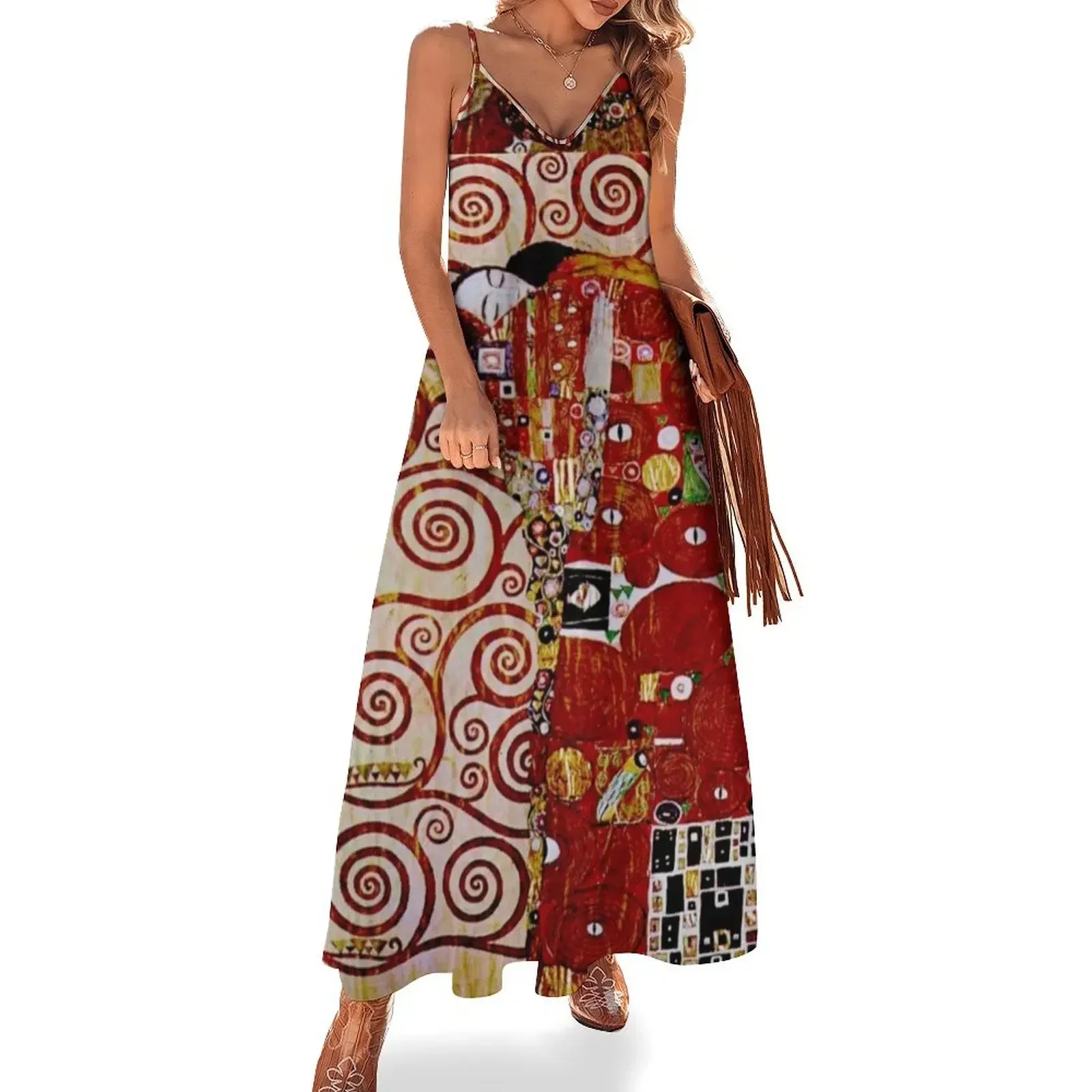 Fulfillment The Tree of Life by Gustav Klimt Detail - Red Sleeveless Dress Aesthetic clothing Dress