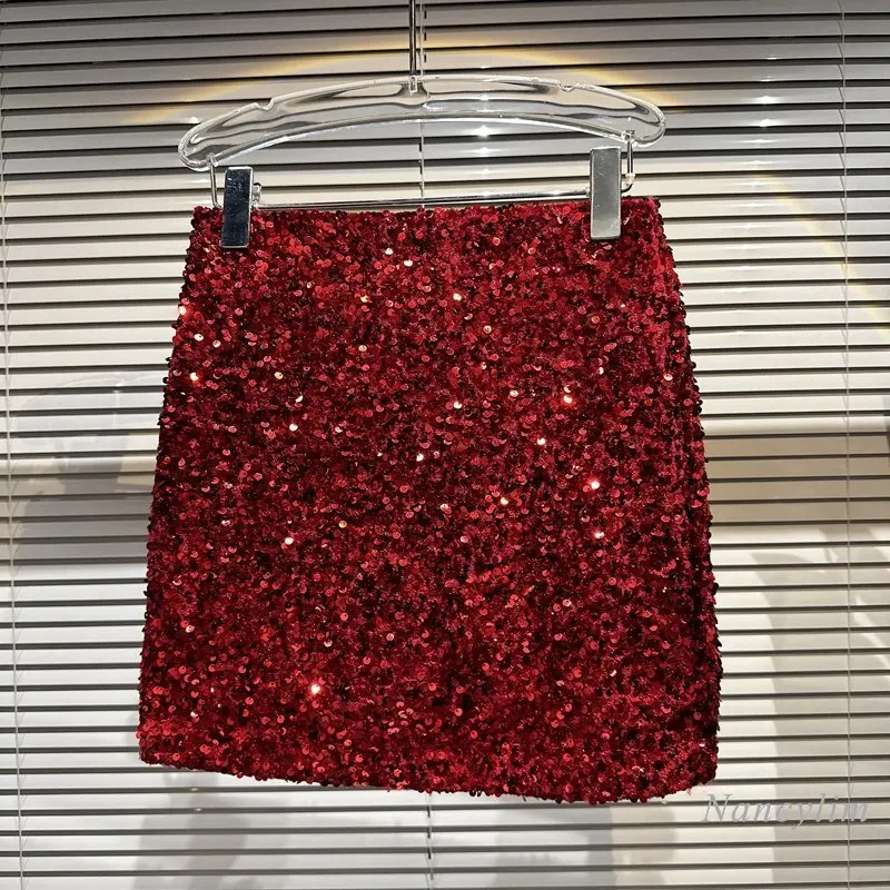 

Fashion Sequined Skirt Womans 2023 Spring New Hot Girl Socialite Nightclub Full of Sequins Shiny Hip Skirts Short Faldas Mujer