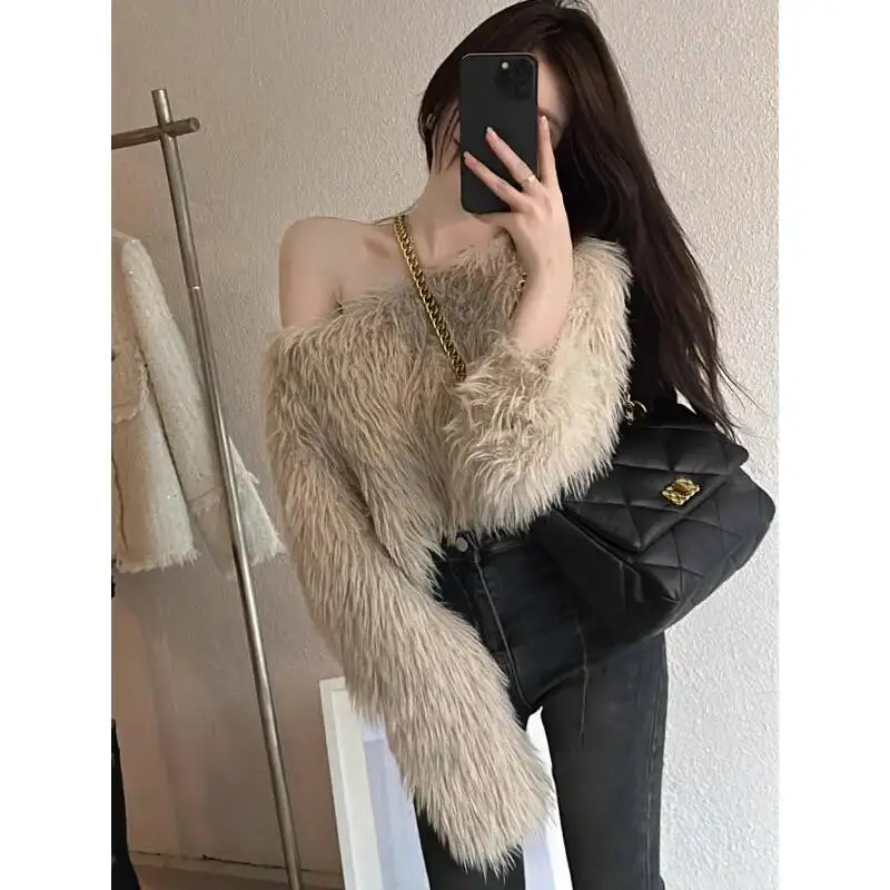 

Korean Style High Waist Slim Fit Shoulder Bared Long Sleeve Furry Sweater Short Fashion Luxury Lady Top Women's Clothing