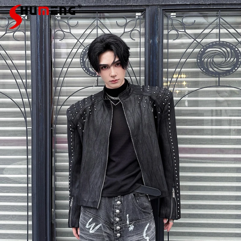 

Men's Trendy Beaded Jackets Men's 2025 Autumn New Padded Shoulder Faux Leather Jackets Fashion Long Sleeve Zipper Handsome Tops