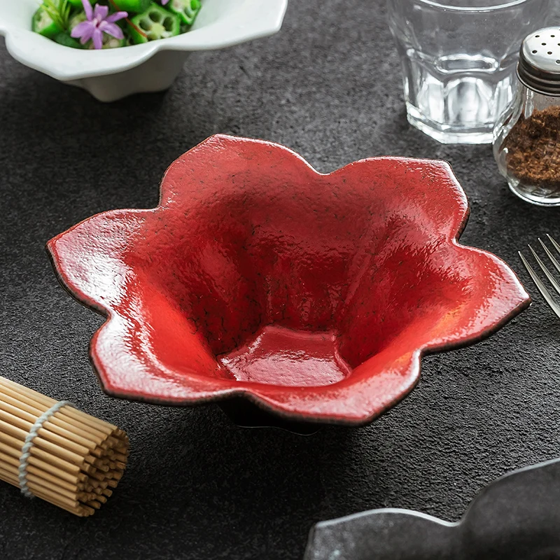 Japanese Retro Ceramic Dessert Bowl High Appearance Flower Shaped  Fruit Salad Yogurt Bowls 7 Inch Hotel Tableware