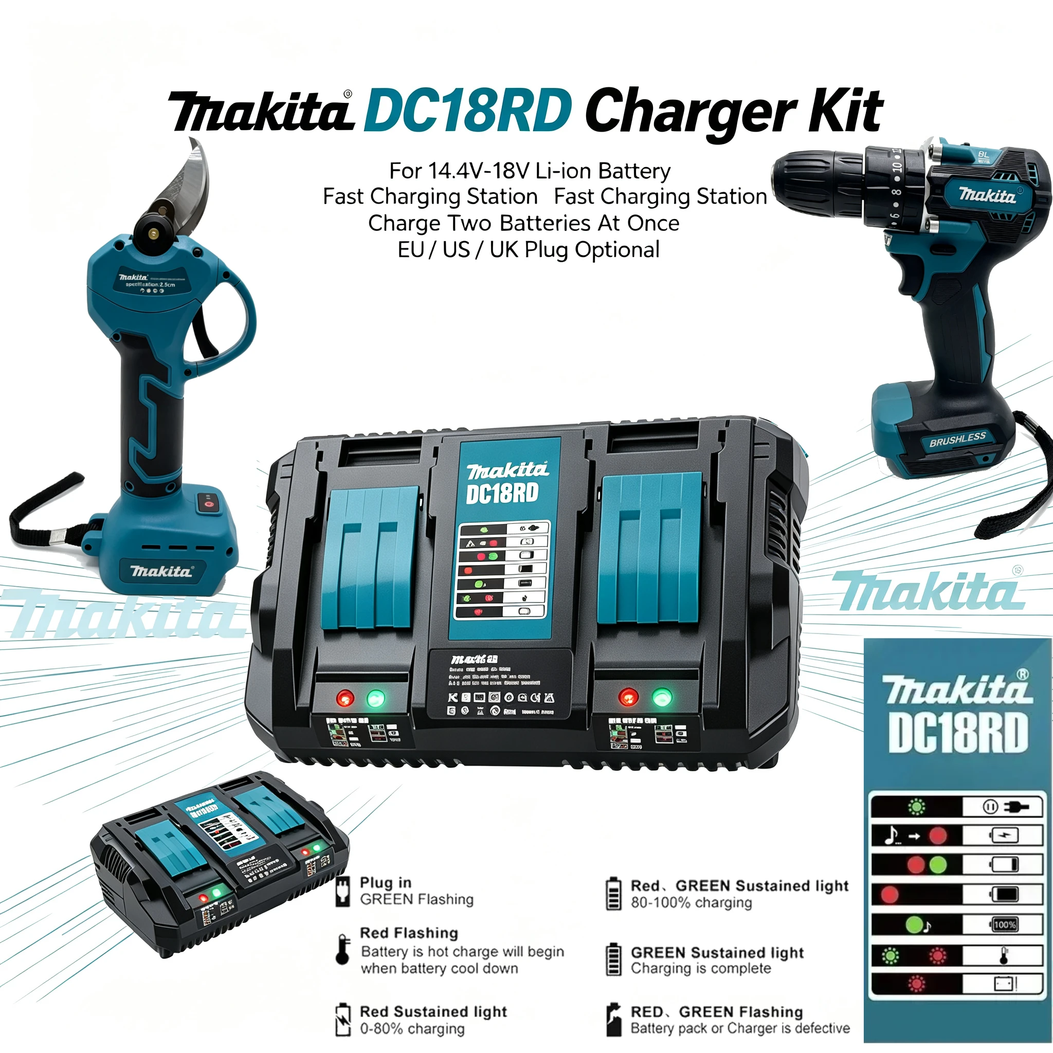 Makita Genuine Original DC18RC DC18SD Charger,Wide‑Voltage 18V Charger for DHP487,Legacy Blower and Pruning Shears Battery