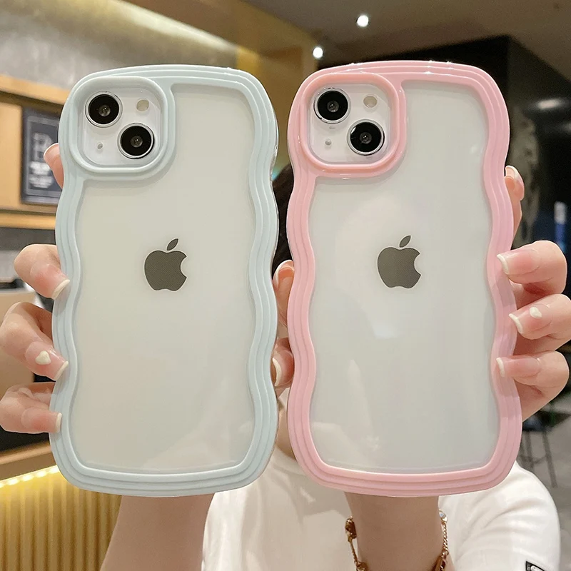 Cute Transparent Curly Wave Bumper Case For iPhone 13 11 12 14 15 16 Pro Max XS XR X Shockproof Clear Soft Aesthetic Cover Coque