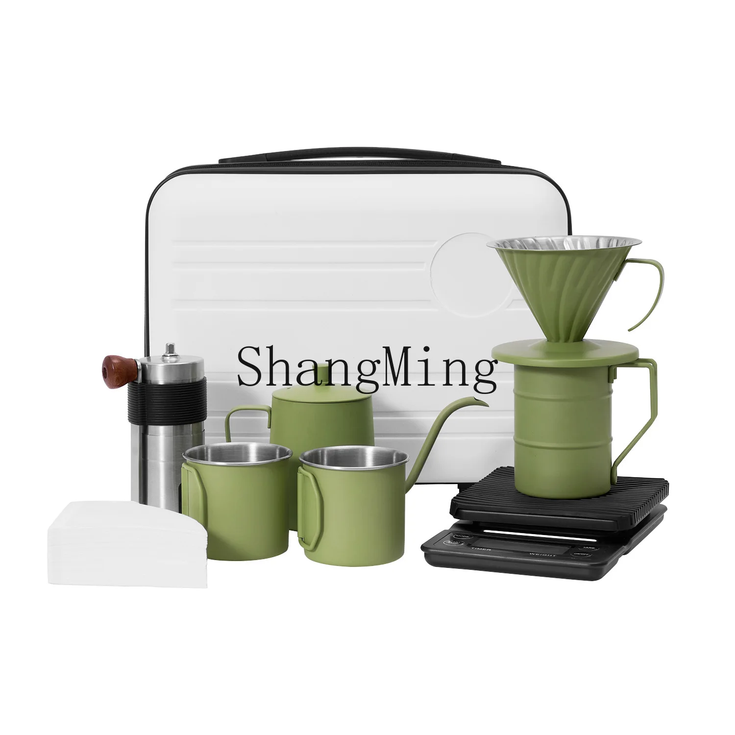 

XH hand-brewed coffee travel set, outdoor hand-cranked coffee eight-piece set, portable camping storage coffee pot set