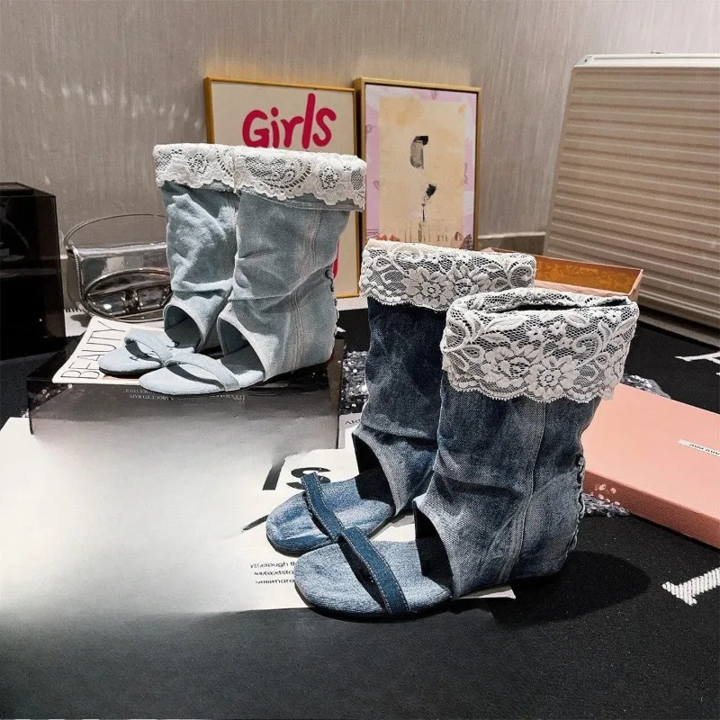 Temperament Trendy Denim Lace Lapel Booties Women Summer Western Denim Heightening Dew Sandals view 4