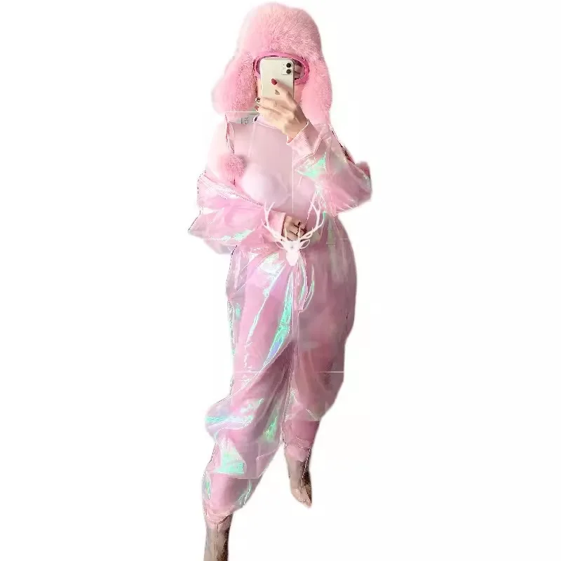 Jumpsuit Pink Laser Hologram See Through Irricidents DJ Club Bar Private Party Sexy Costumes Hooded Hat