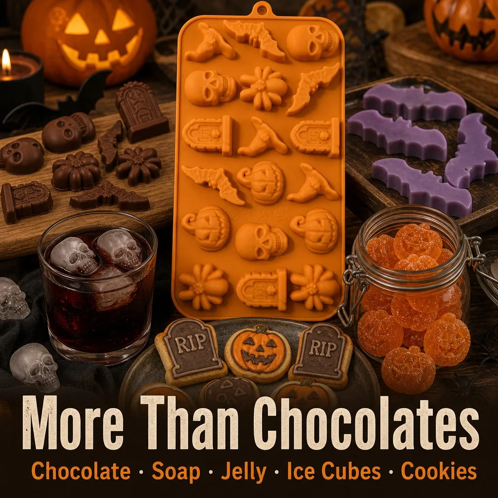 18-Cavity Silicone Cake Mold,3D Pumpkin,Skull,Spider,Mat Shape Baking Tray for Chocolate,Candy,Soap & Muffin,Kitchen Supplies