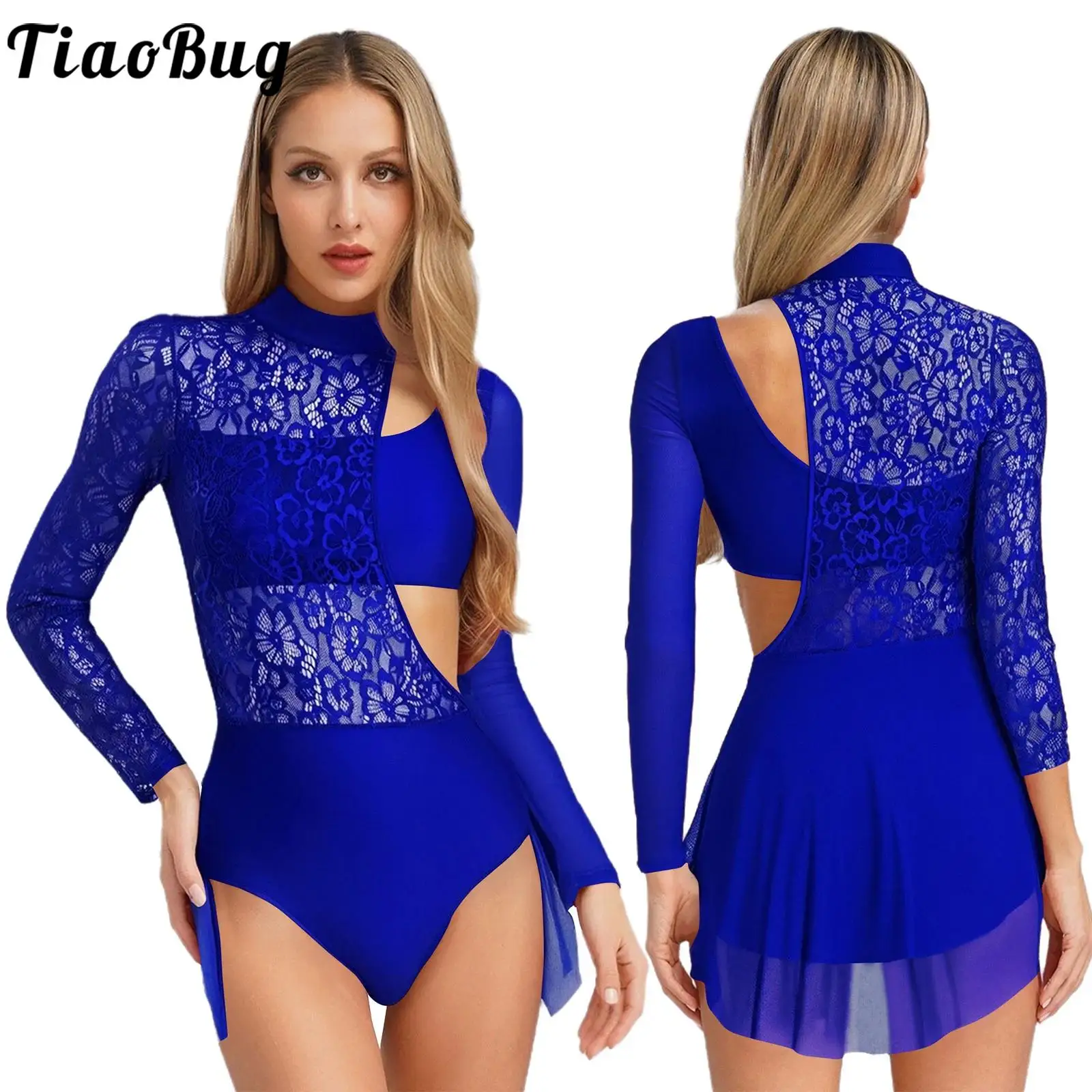 

Women Floral Lace Patchwork Skirts Leotards Gymnastics Ballet Dancewear Long Sleeve Cutout Irregular Bodysuit for Figure Skating