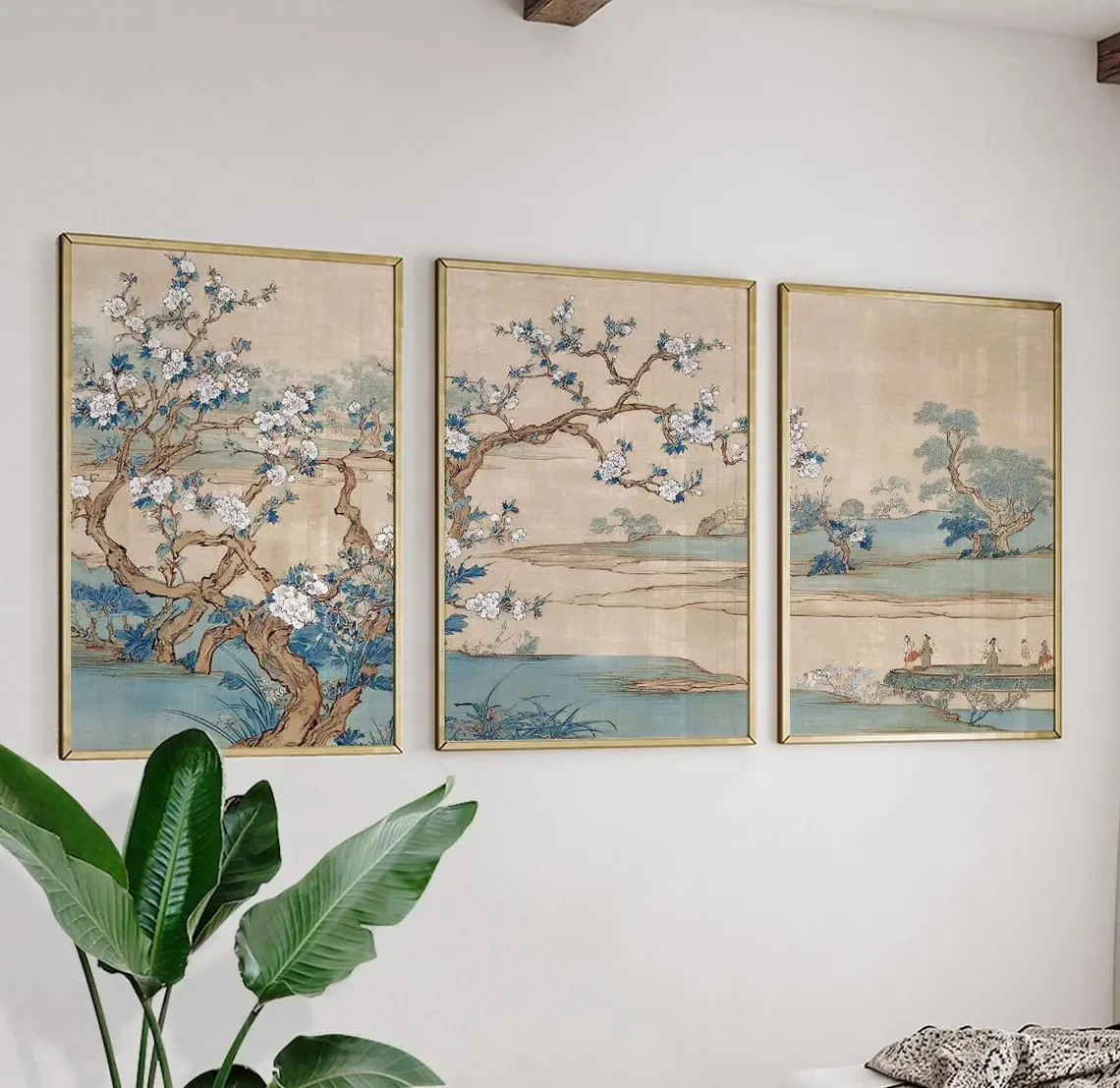 Blossom Tree Landscape Poster Set Of 3 | Traditional Figures And Flowing Branches | Soft Blue Beige Tones