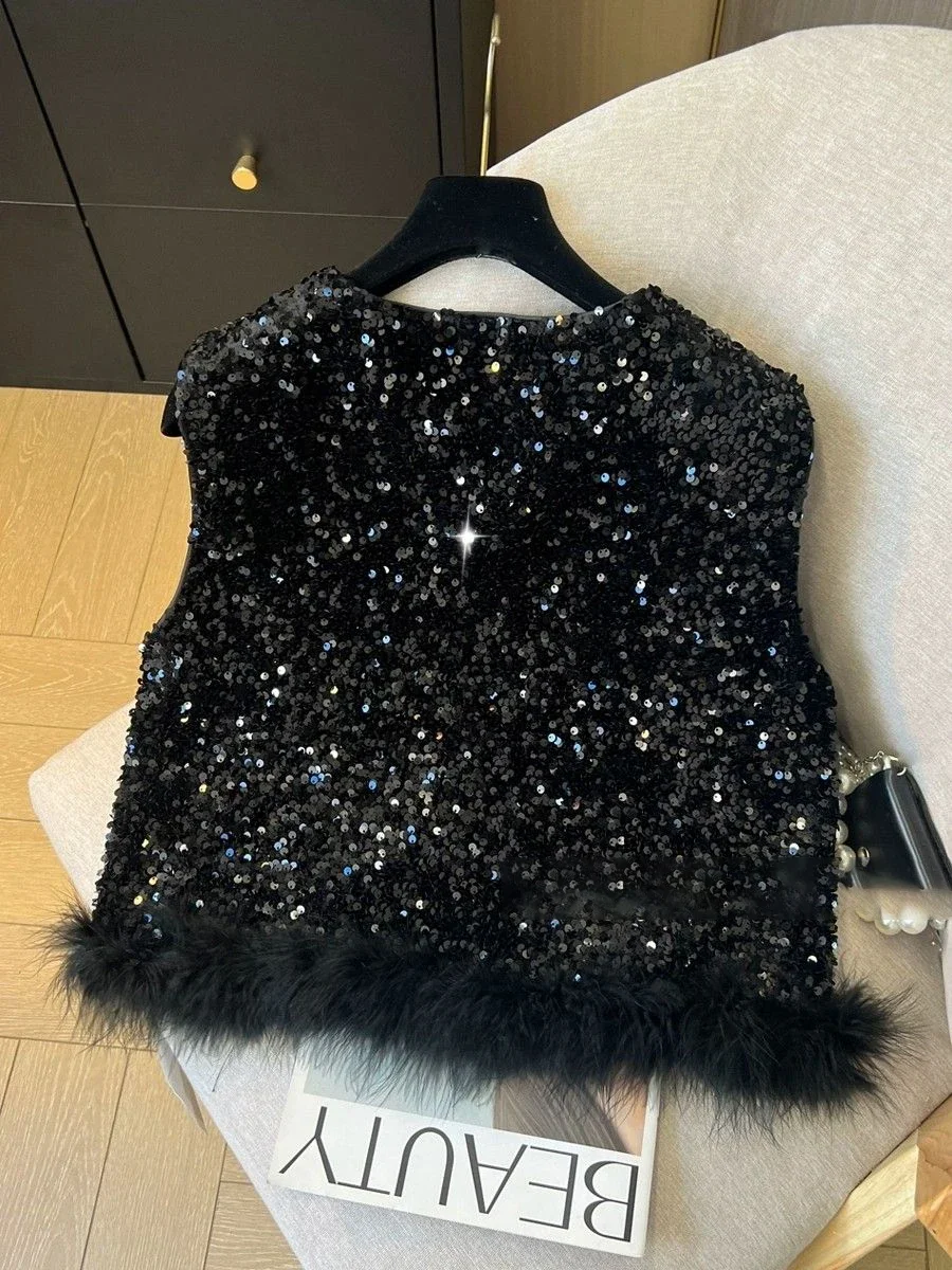 New Chinese style heavy industry sequined vest, women's 2024 autumn new retro shoulder top  knit vest  chaleco mujer