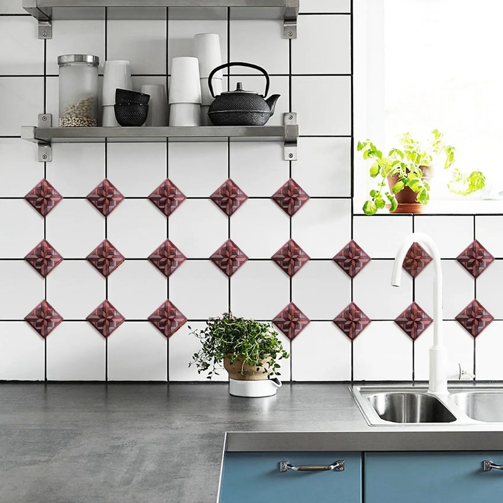 ABKS-40Pcs Wood Grain Pattern Tile Sticker Self Adhesive Tiles Art Diagonal 3D Floor Sticker For Bathroom Kitchen Decor