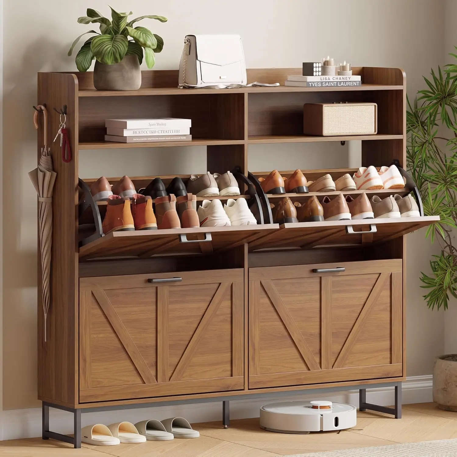 Shoe Storage Cabinet 4 Flip Drawers Entryway Rack Walnut, Customized
