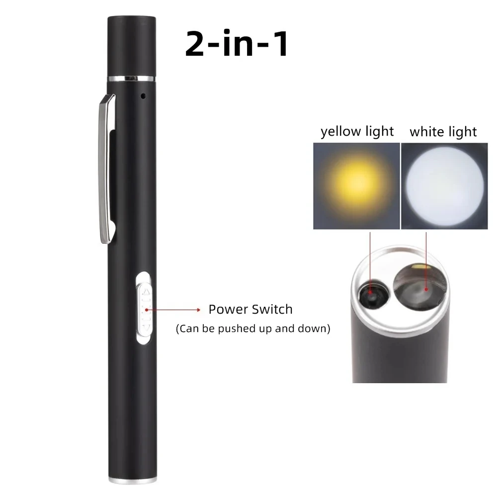 Mini 2-in-1 LED Pen light White/Yellow Light USB Rechargeable Ldeal Medical First Aid Work Camping Hike Child Emergency Lighting