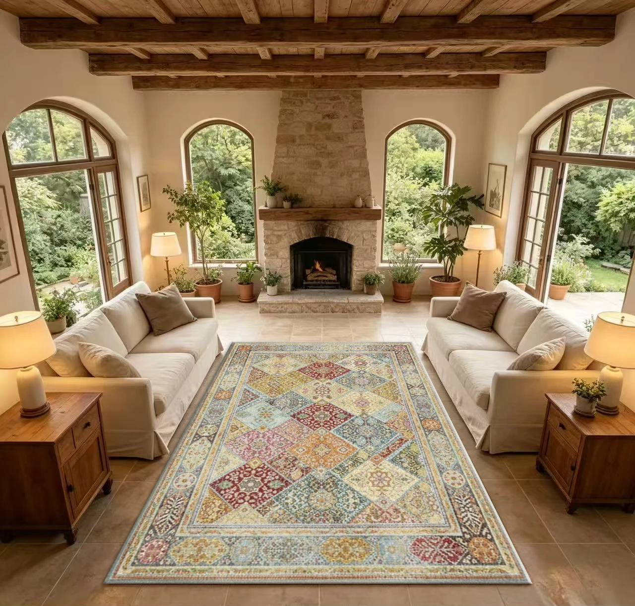 Vintage Patchwork Square Carpet Multicolor Oriental Floral Pattern Floor Rug Suitable for Living Room Bedroom Home Decoration