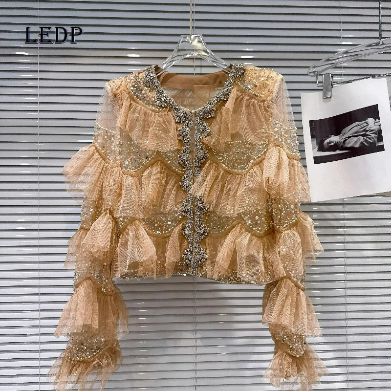 

Original Design Temperament Women's Clothing 2026 Spring New Khaki Rhinestone Beads Edge Heavy Industry Mesh Short Coat Ladies