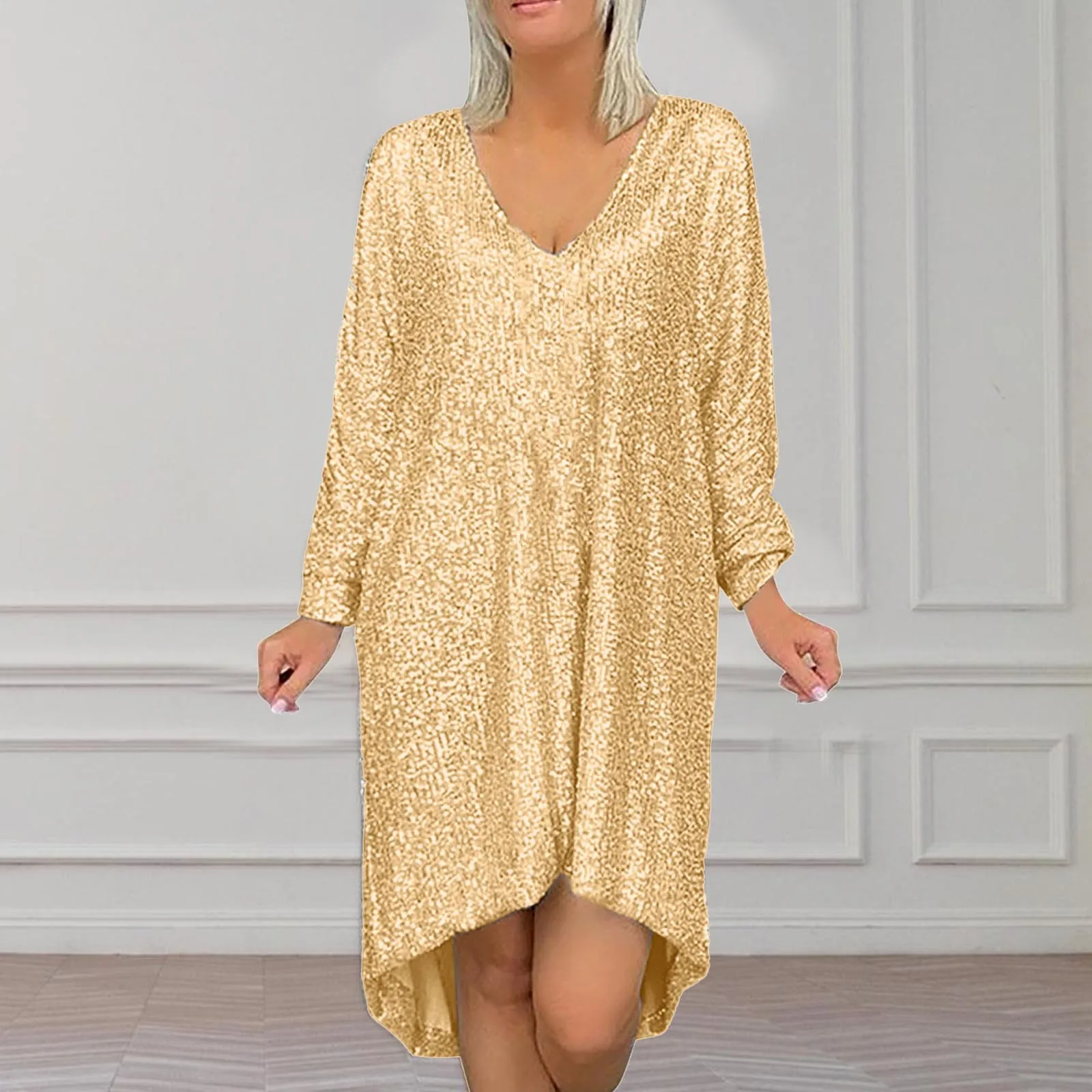 Elegant Loose Dress Solid Color Elegant Dress Fashion Shining Sequins Oversized Shift Dress Female Clothing