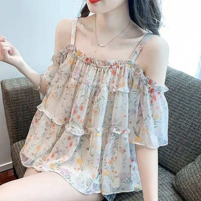 

All Match New Chiffon Shirt Summer Off Shoulder Floral Camisole Top, One Neck Elegant Fashion Popularity Sleep Top